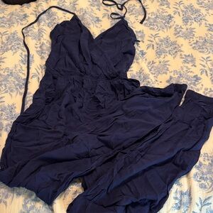 Lulu's Navy Blue Spaghetti Strap Long Jumpsuit